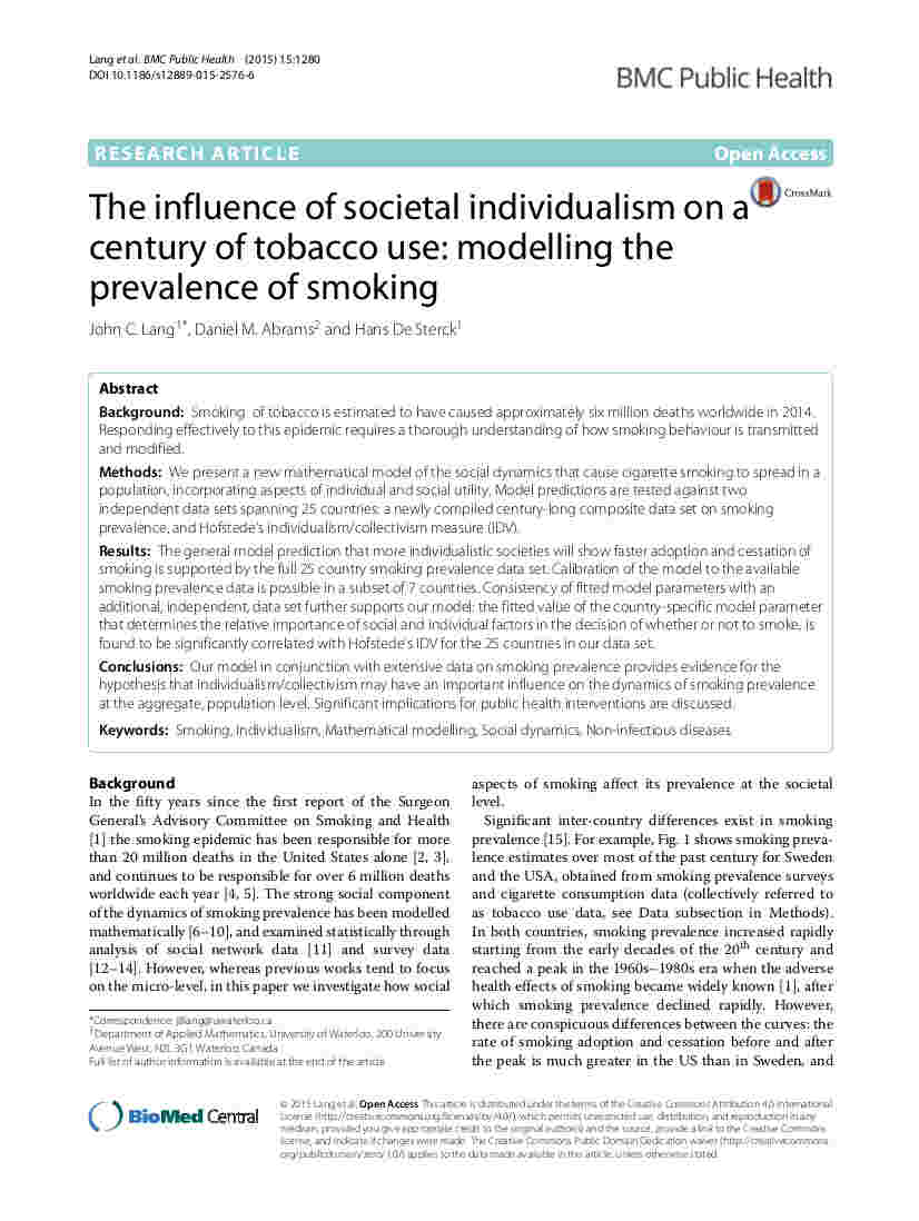 Lang Abrams and De Sterck - The influence of societal individualism on a century of tobacco use - BMC Public Health 15, 1280 (2015)